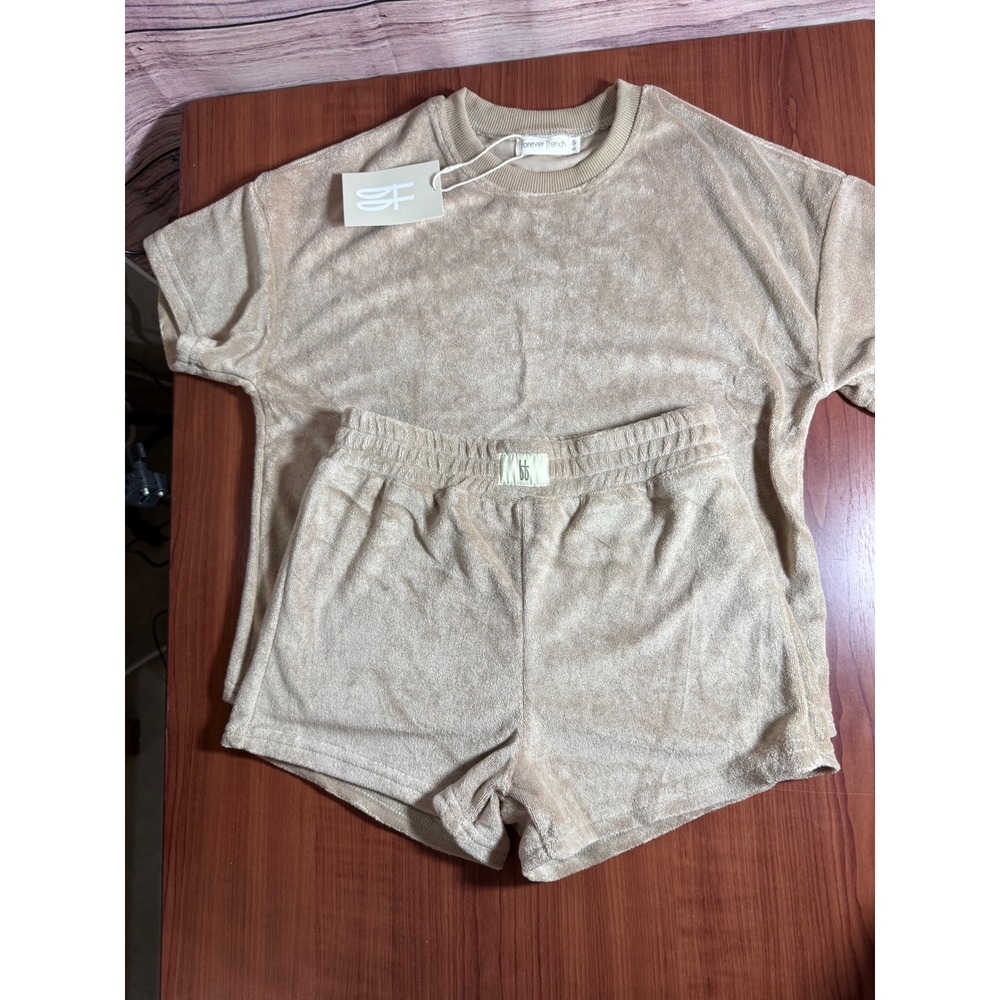Forever French Child Terry Short Set Tan 2 Piece Loungewear Size 10-12 Years NWT